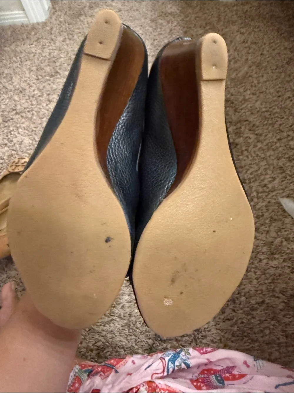 Tory Burch Black Leather Peep-Toe wedge with Gold Logo